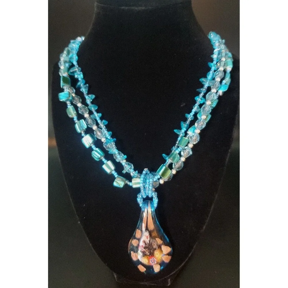 Dyed Abalone Shell And Glass Beaded Necklace With Large Blown Glass Pendant 20+